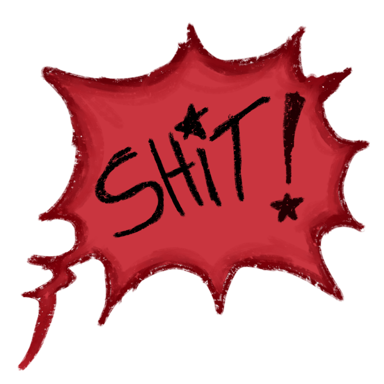 the word 'Shit' with an exclamation point in a red speech bubble.